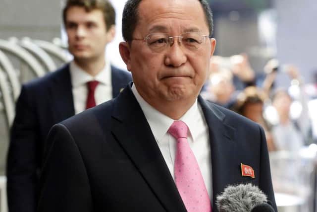 North Korea's Foreign Minister Ri Yong Ho speaks outside the U.N. Plaza Hotel, in New York